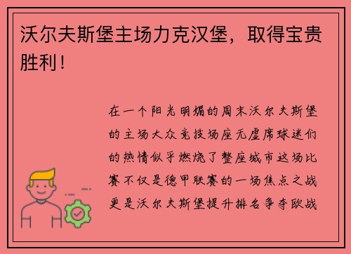 沃尔夫斯堡主场力克汉堡，取得宝贵胜利！