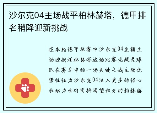 沙尔克04主场战平柏林赫塔，德甲排名稍降迎新挑战